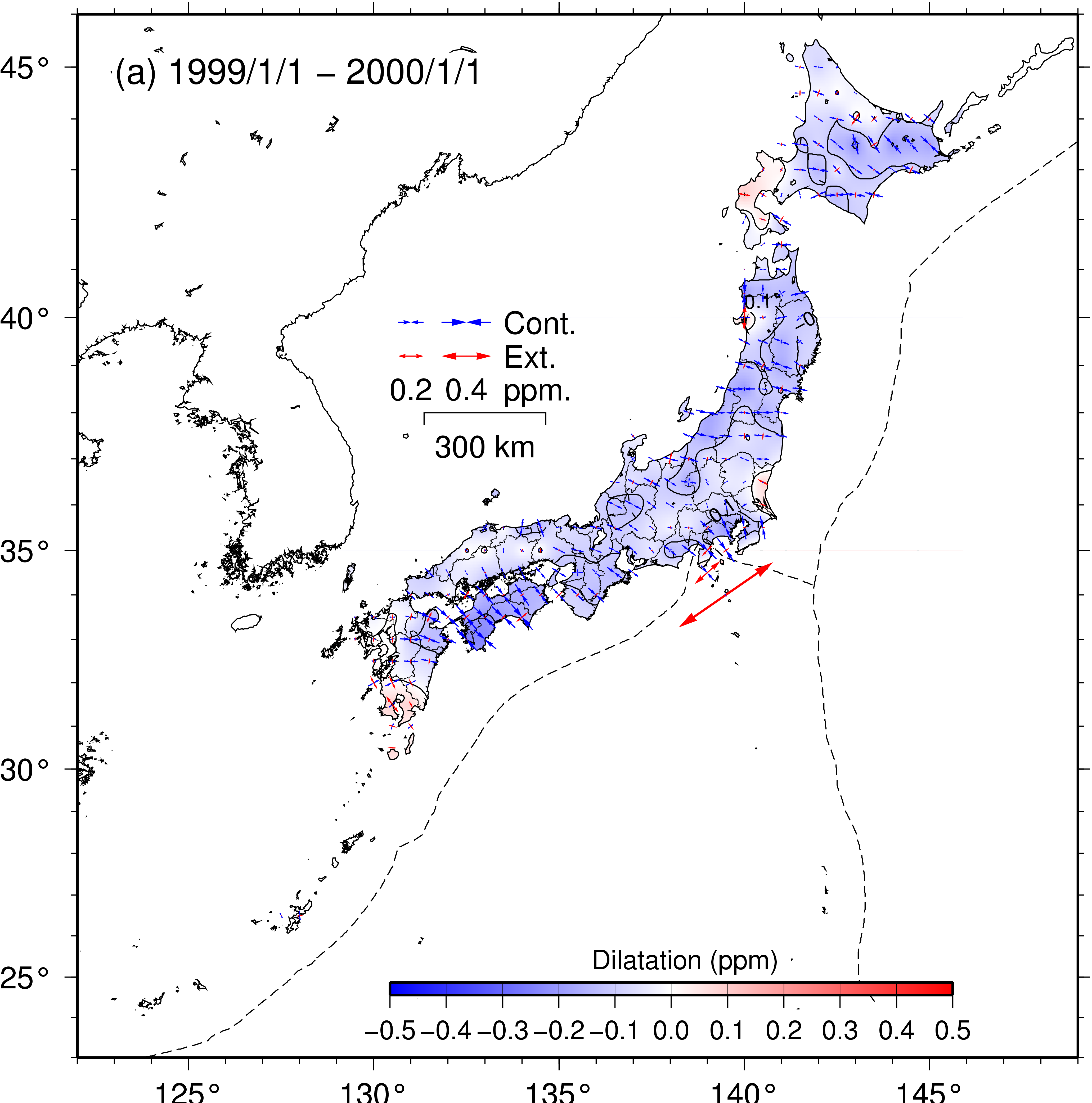 日本列島のひずみの主軸と面積ひずみ分布
