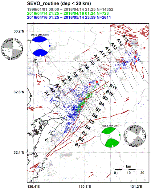 熊本地震地域及び周辺の震源分布