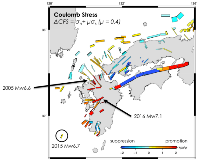 九州周辺の震源断層におけるクーロン応力